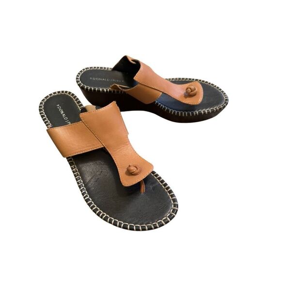 Donald J. Pline Vachetta Heel Wedge Sandal Tan Black Leather Slides Open Toe Wom - Picture 1 of 12